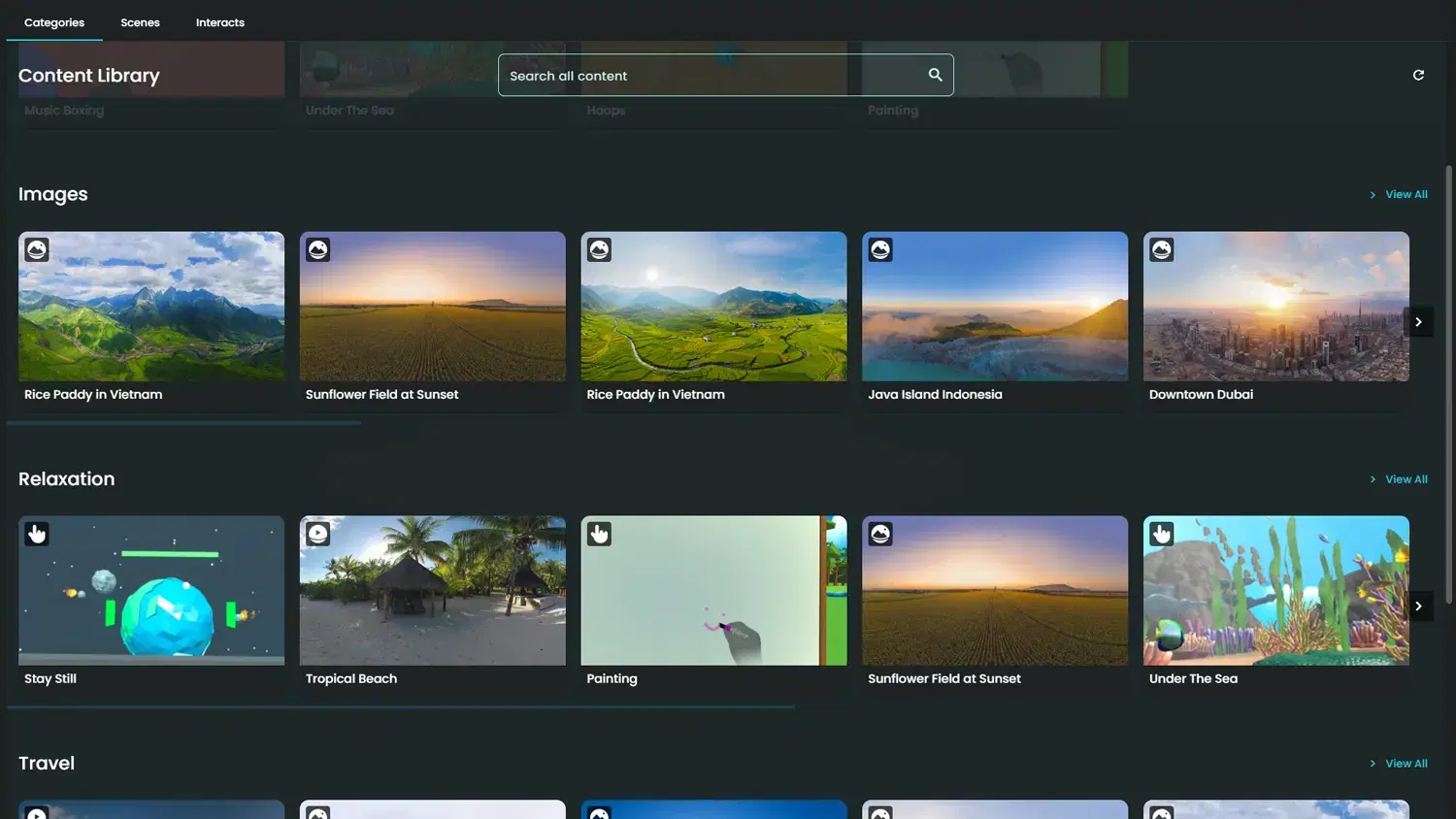 PatientVR content library interface showing scenes and interacts