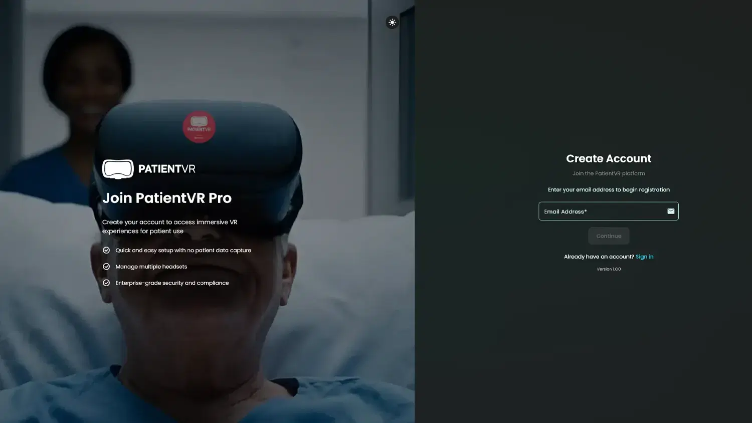 PatientVR Pro account sign-up screen